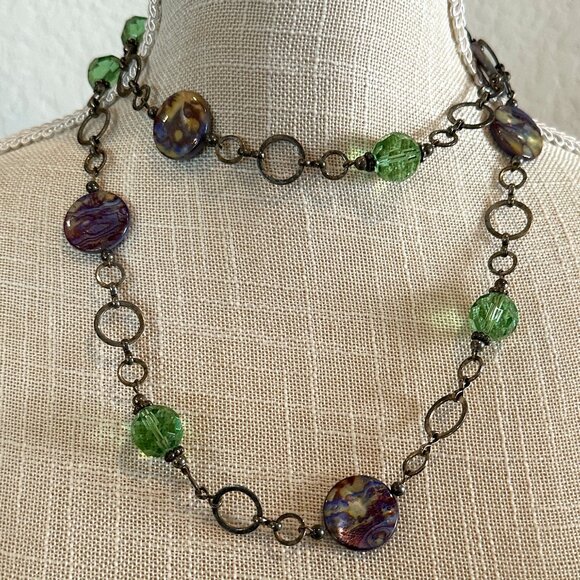 Vintage Green and Purple Beaded Necklace - Picture 1 of 11